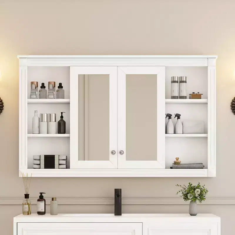 Mobiletto da bagno a parete da 47 pollici, armadietto dei medicinali a parete con specchio e ripiani aperti, mobiletto pensile galleggiante sopra il WC per bagno