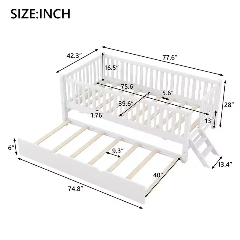 Struttura letto singola con letto estraibile e spondina, letto a piattaforma a basso profilo con scalette per bambini e bambine