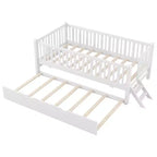 Struttura letto singola con letto estraibile e spondina, letto a piattaforma a basso profilo con scalette per bambini e bambine