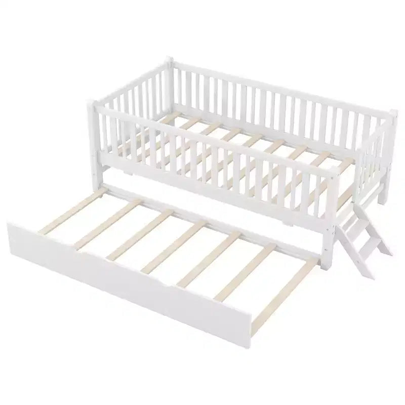 Struttura letto singola con letto estraibile e spondina, letto a piattaforma a basso profilo con scalette per bambini e bambine