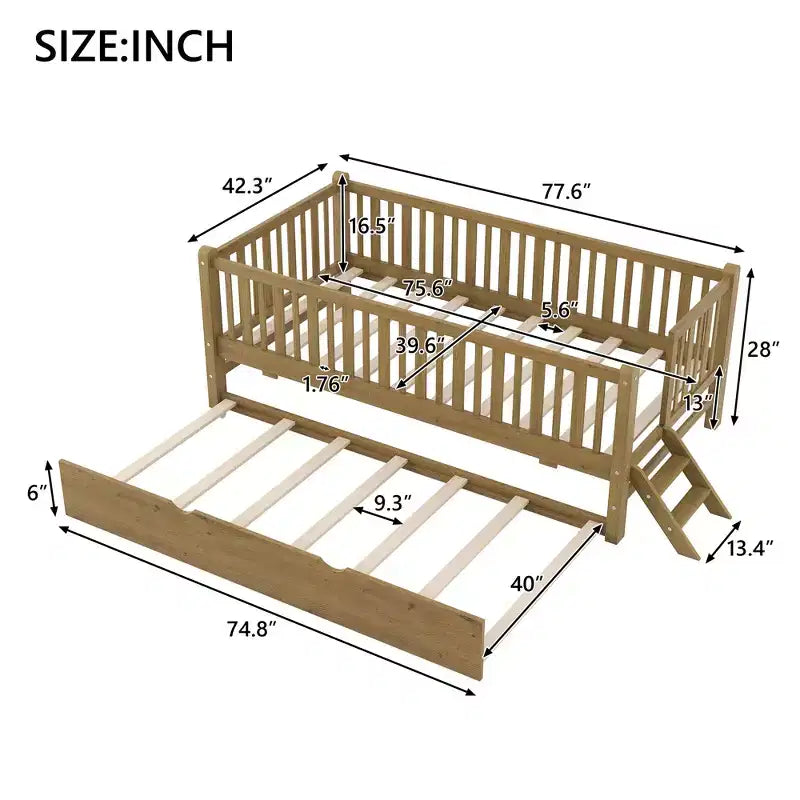 Struttura letto singola con letto estraibile e spondina, letto a piattaforma a basso profilo con scalette per bambini e bambine