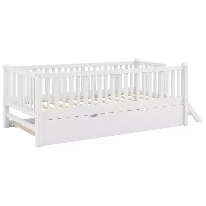 Struttura letto singola con letto estraibile e spondina, letto a piattaforma a basso profilo con scalette per bambini e bambine