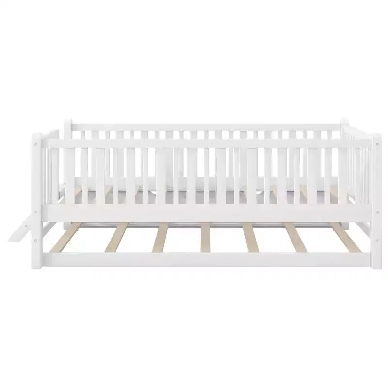 Struttura letto singola con letto estraibile e spondina, letto a piattaforma a basso profilo con scalette per bambini e bambine