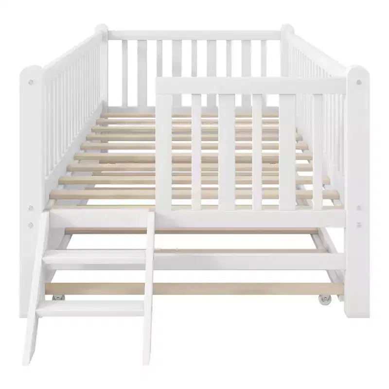 Struttura letto singola con letto estraibile e spondina, letto a piattaforma a basso profilo con scalette per bambini e bambine