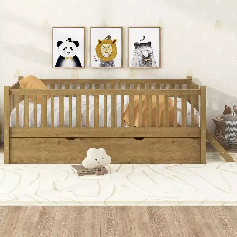 Struttura letto singola con letto estraibile e spondina, letto a piattaforma a basso profilo con scalette per bambini e bambine