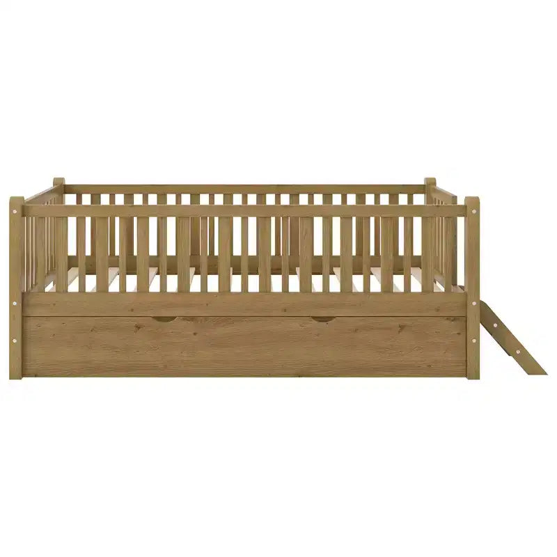Struttura letto singola con letto estraibile e spondina, letto a piattaforma a basso profilo con scalette per bambini e bambine