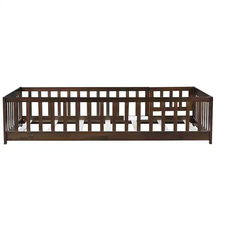 Letto a castello a pavimento con recinzione e porta, telaio letto per bambini Montessori a basso profilo, in legno massello di gomma, sponde di sicurezza, facile montaggio