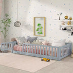 Letto a castello a pavimento con recinzione e porta, telaio letto per bambini Montessori a basso profilo, in legno massello di gomma, sponde di sicurezza, facile montaggio