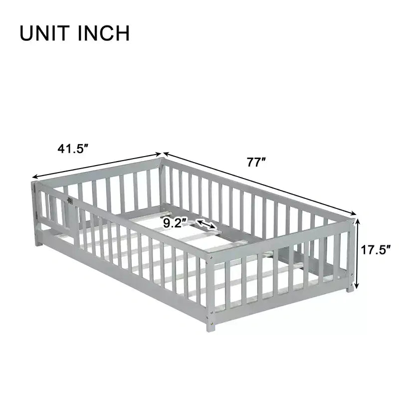 Letto a castello a pavimento con recinzione e porta, telaio letto per bambini Montessori a basso profilo, in legno massello di gomma, sponde di sicurezza, facile montaggio