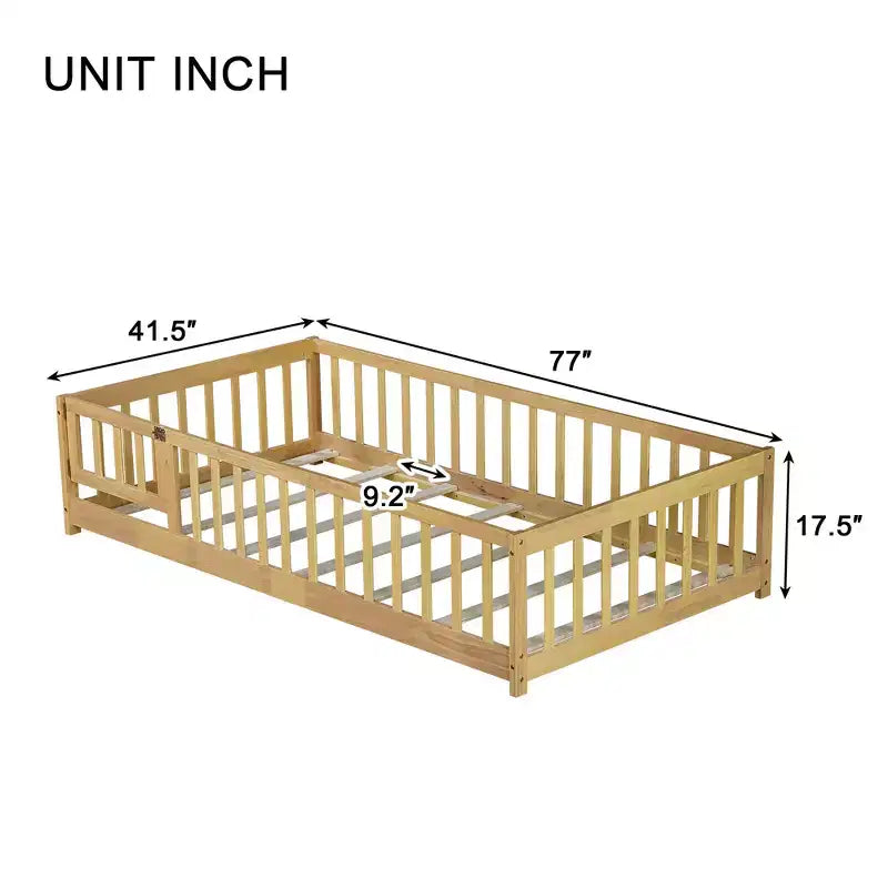 Letto a castello a pavimento con recinzione e porta, telaio letto per bambini Montessori a basso profilo, in legno massello di gomma, sponde di sicurezza, facile montaggio