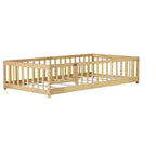 Letto a castello a pavimento con recinzione e porta, telaio letto per bambini Montessori a basso profilo, in legno massello di gomma, sponde di sicurezza, facile montaggio