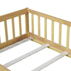 Letto a castello a pavimento con recinzione e porta, telaio letto per bambini Montessori a basso profilo, in legno massello di gomma, sponde di sicurezza, facile montaggio