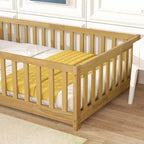 Letto a castello a pavimento con recinzione e porta, telaio letto per bambini Montessori a basso profilo, in legno massello di gomma, sponde di sicurezza, facile montaggio