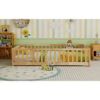 Letto a castello a pavimento con recinzione e porta, telaio letto per bambini Montessori a basso profilo, in legno massello di gomma, sponde di sicurezza, facile montaggio