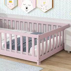 Letto a castello a pavimento con recinzione e porta, telaio letto per bambini Montessori a basso profilo, in legno massello di gomma, sponde di sicurezza, facile montaggio