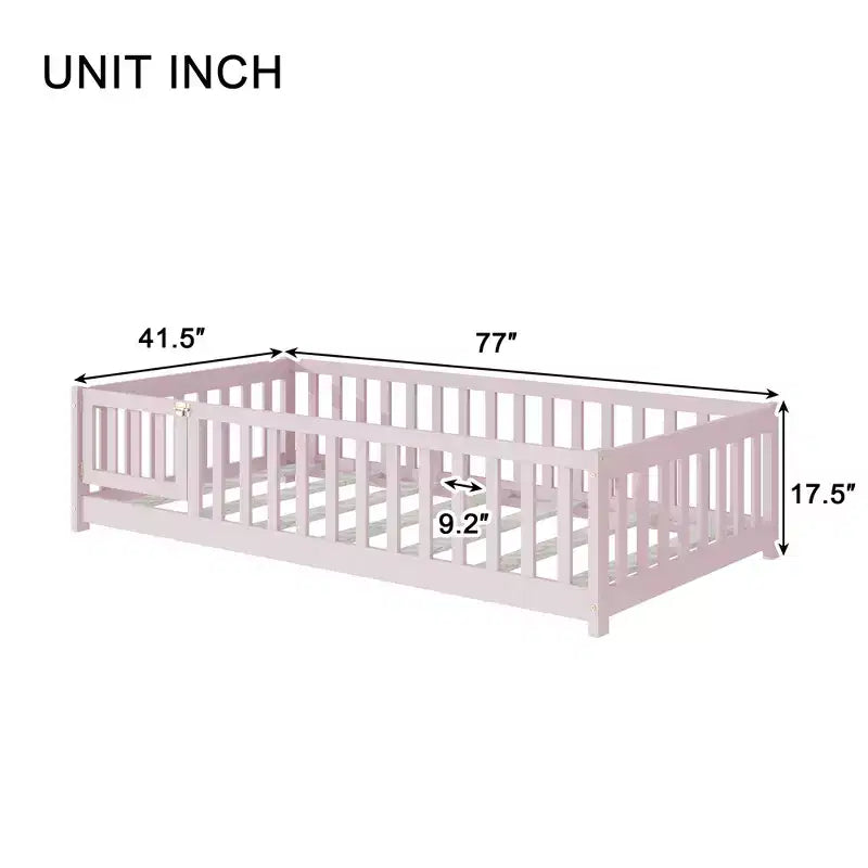 Letto a castello a pavimento con recinzione e porta, telaio letto per bambini Montessori a basso profilo, in legno massello di gomma, sponde di sicurezza, facile montaggio