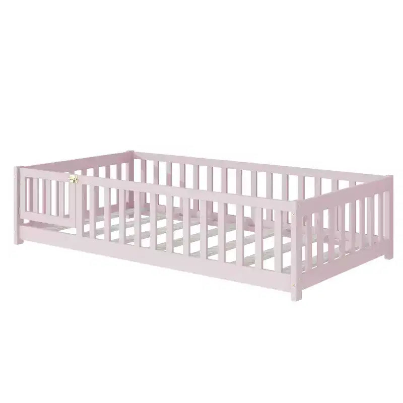 Letto a castello a pavimento con recinzione e porta, telaio letto per bambini Montessori a basso profilo, in legno massello di gomma, sponde di sicurezza, facile montaggio