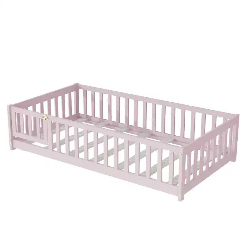 Letto a castello a pavimento con recinzione e porta, telaio letto per bambini Montessori a basso profilo, in legno massello di gomma, sponde di sicurezza, facile montaggio