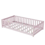 Letto a castello a pavimento con recinzione e porta, telaio letto per bambini Montessori a basso profilo, in legno massello di gomma, sponde di sicurezza, facile montaggio