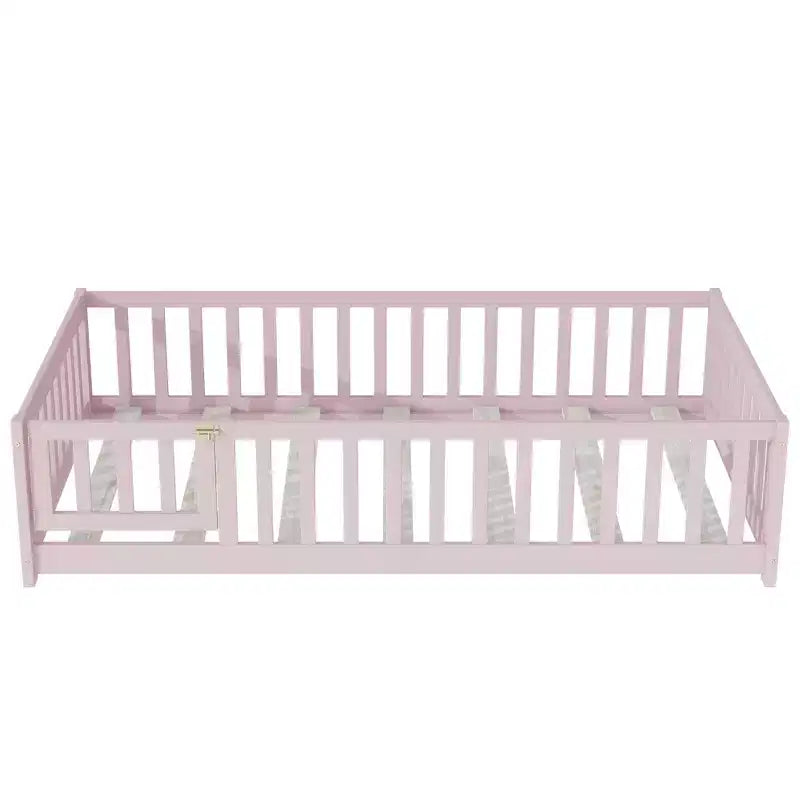 Letto a castello a pavimento con recinzione e porta, telaio letto per bambini Montessori a basso profilo, in legno massello di gomma, sponde di sicurezza, facile montaggio