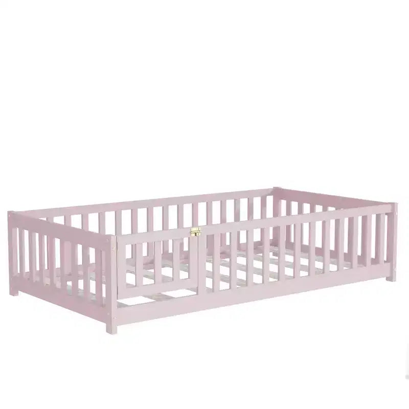 Letto a castello a pavimento con recinzione e porta, telaio letto per bambini Montessori a basso profilo, in legno massello di gomma, sponde di sicurezza, facile montaggio