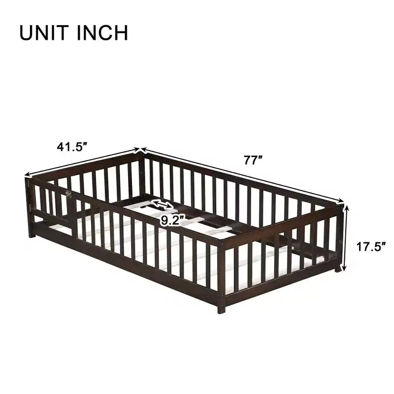 Letto a castello a pavimento con recinzione e porta, telaio letto per bambini Montessori a basso profilo, in legno massello di gomma, sponde di sicurezza, facile montaggio