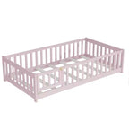 Letto a castello a pavimento con recinzione e porta, telaio letto per bambini Montessori a basso profilo, in legno massello di gomma, sponde di sicurezza, facile montaggio