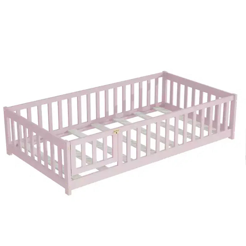 Letto a castello a pavimento con recinzione e porta, telaio letto per bambini Montessori a basso profilo, in legno massello di gomma, sponde di sicurezza, facile montaggio