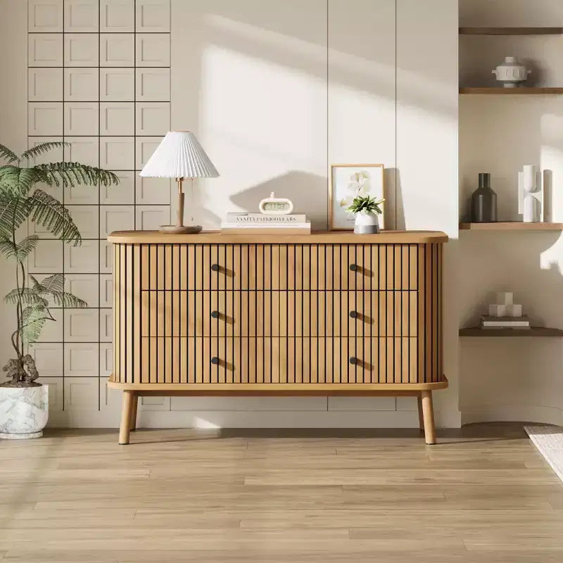 Cassettiera doppia Boho a 6 cassetti con maniglie nere, mobile contenitore in legno naturale per camera da letto, soggiorno e ingresso