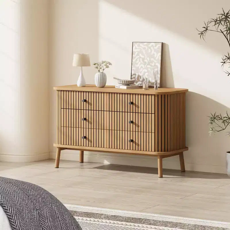 Cassettiera doppia Boho a 6 cassetti con maniglie nere, mobile contenitore in legno naturale per camera da letto, soggiorno e ingresso