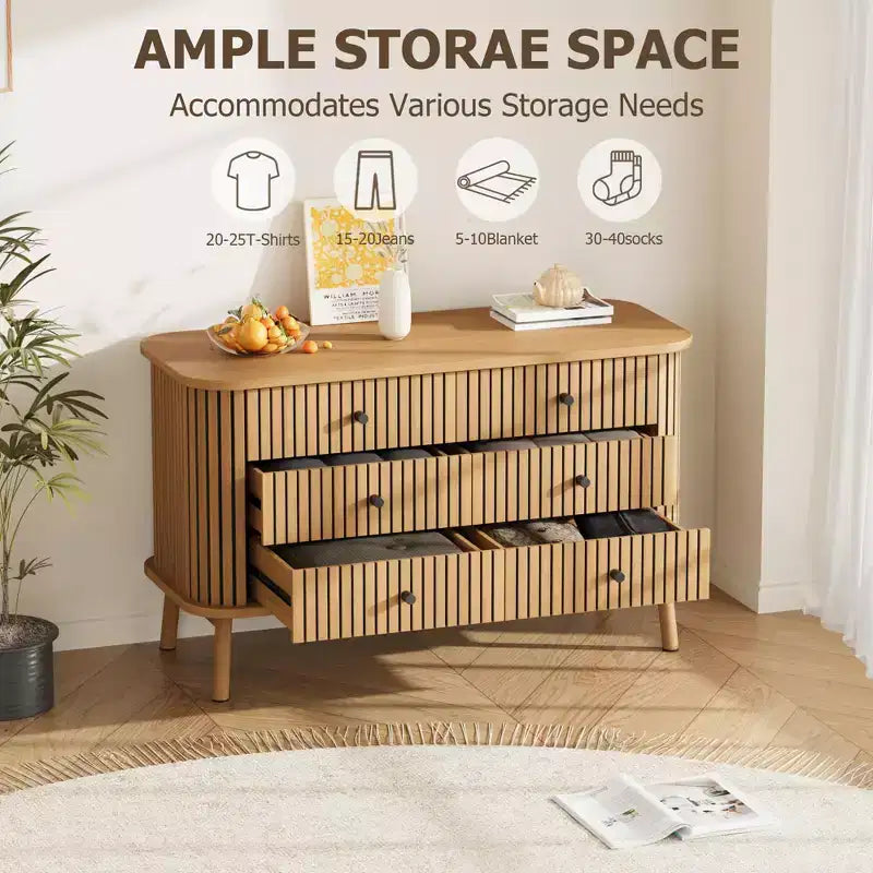 Cassettiera doppia Boho a 6 cassetti con maniglie nere, mobile contenitore in legno naturale per camera da letto, soggiorno e ingresso