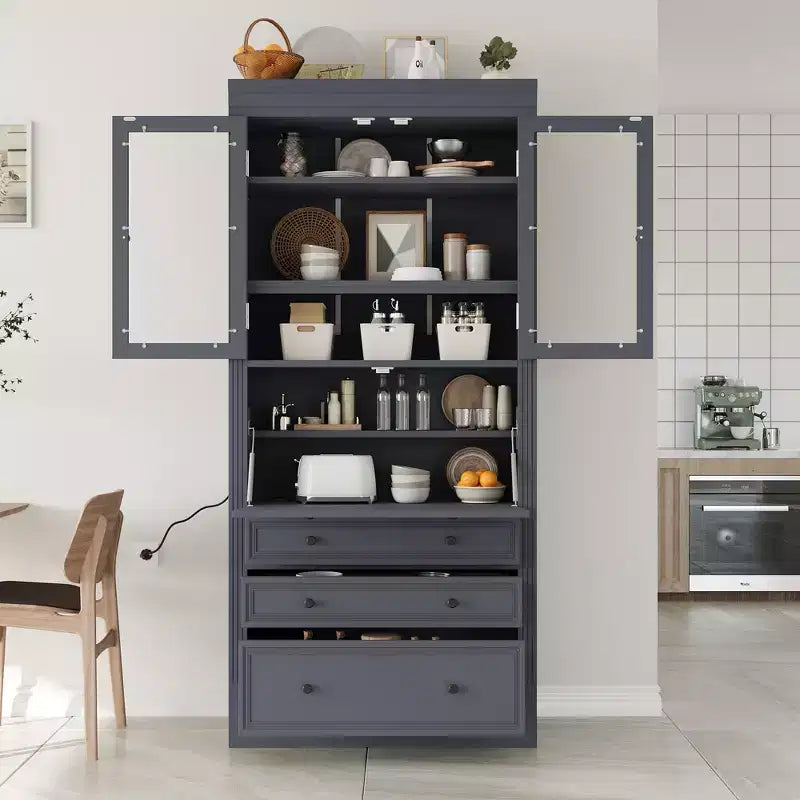 Waylon Mobile Dispensa per Cucina con Presa Elettrica, 3 Cassetti e Ripiani Regolabili