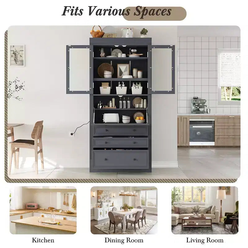 Waylon Mobile Dispensa per Cucina con Presa Elettrica, 3 Cassetti e Ripiani Regolabili