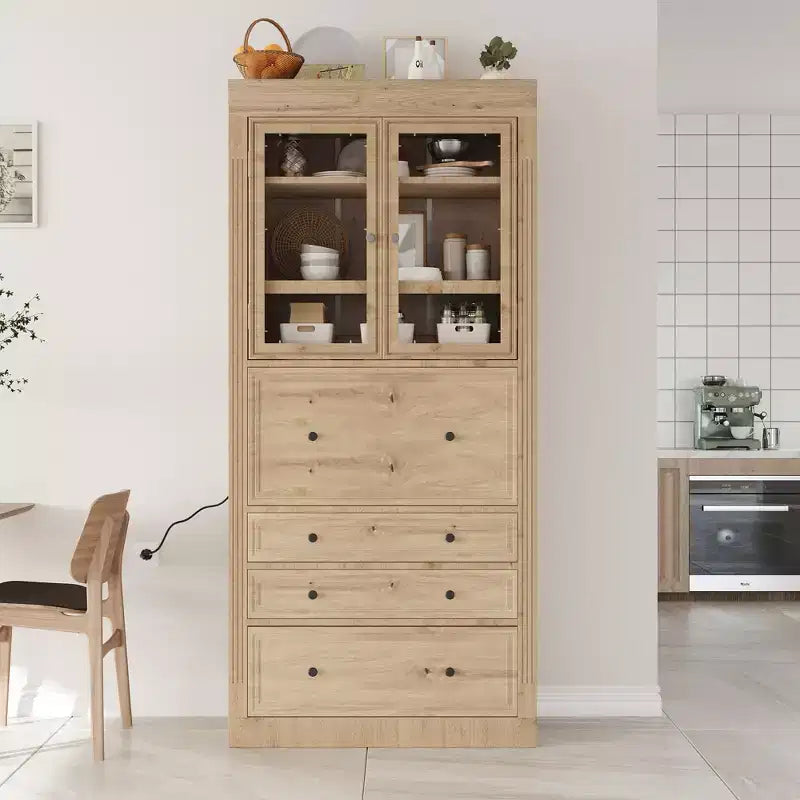 Waylon Mobile Dispensa per Cucina con Presa Elettrica, 3 Cassetti e Ripiani Regolabili