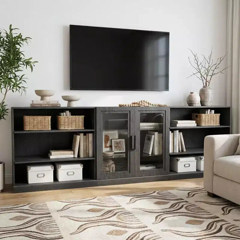 93 Mobili porta-CD/DVD in legno nero con ripiani regolabili e 2 ante in vetro per soggiorno e camera da letto