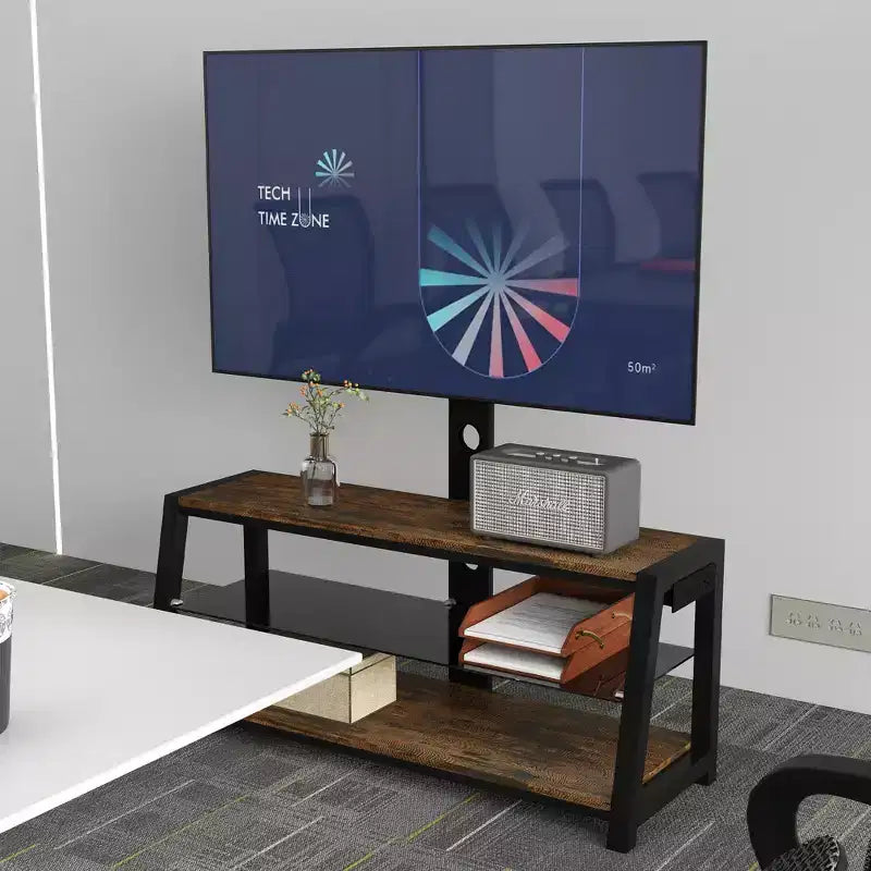 Mobili TV portaoggetti in legno, vetro temperato nero, altezza regolabile, girevole universale, centro di intrattenimento con supporto TV, marrone rustico