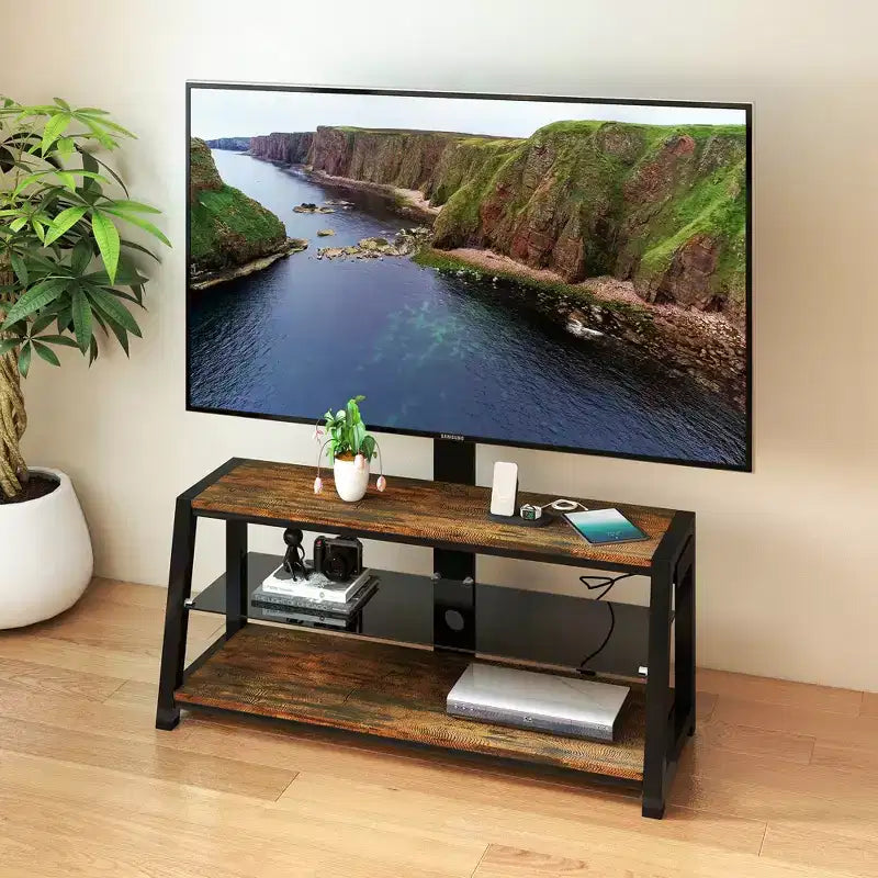 Mobili TV portaoggetti in legno, vetro temperato nero, altezza regolabile, girevole universale, centro di intrattenimento con supporto TV, marrone rustico