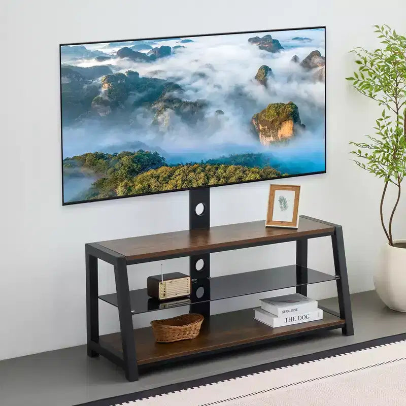 Mobili TV portaoggetti in legno, vetro temperato nero, altezza regolabile, girevole universale, centro di intrattenimento con supporto TV, marrone rustico