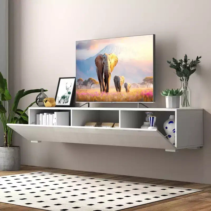 Mobile TV moderno da 63 pollici con ante a scomparsa, mobile porta-dispositivi con contenitore, adatto per soggiorno, bianco