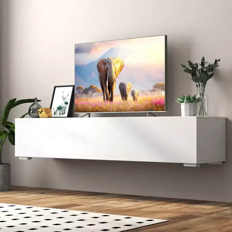 Mobile TV moderno da 63 pollici con ante a scomparsa, mobile porta-dispositivi con contenitore, adatto per soggiorno, bianco