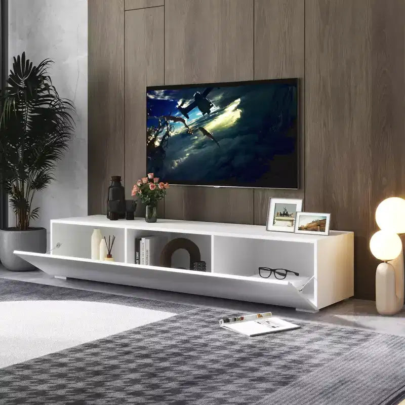 Mobile TV moderno da 63 pollici con ante a scomparsa, mobile porta-dispositivi con contenitore, adatto per soggiorno, bianco