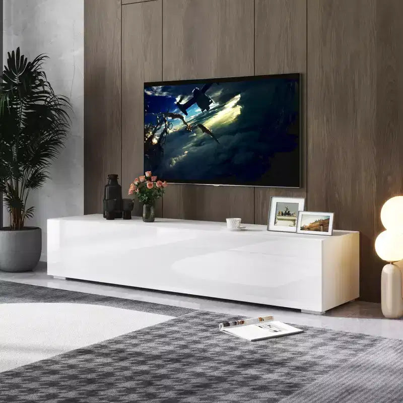 Mobile TV moderno da 63 pollici con ante a scomparsa, mobile porta-dispositivi con contenitore, adatto per soggiorno, bianco