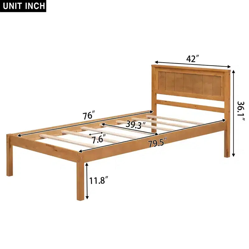 Base Letto a Piattaforma una Piazza, Telaio Letto Moderno in Legno di Pino con Testiera, Supporto a Doghe in Legno, Nessuna Rete a Molle Necessaria, per Camera da Letto