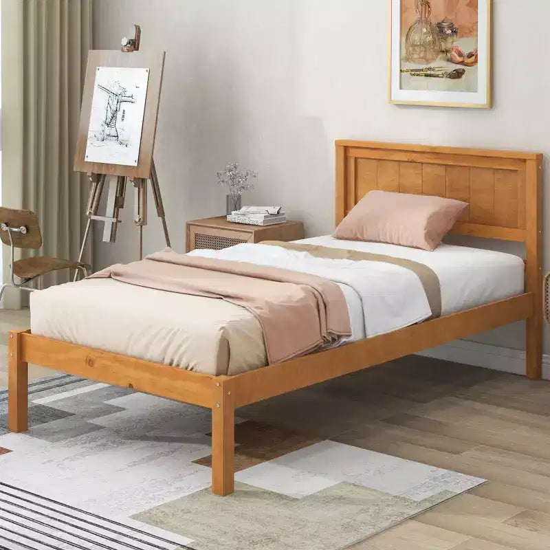 Base Letto a Piattaforma una Piazza, Telaio Letto Moderno in Legno di Pino con Testiera, Supporto a Doghe in Legno, Nessuna Rete a Molle Necessaria, per Camera da Letto