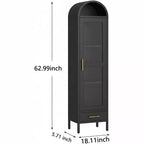 Libreria stretta e ad arco da 160 cm, armadietto ad arco in metallo con anta in vetro e cassetto, mobile dispensa nero moderno per soggiorno, cucina, ufficio