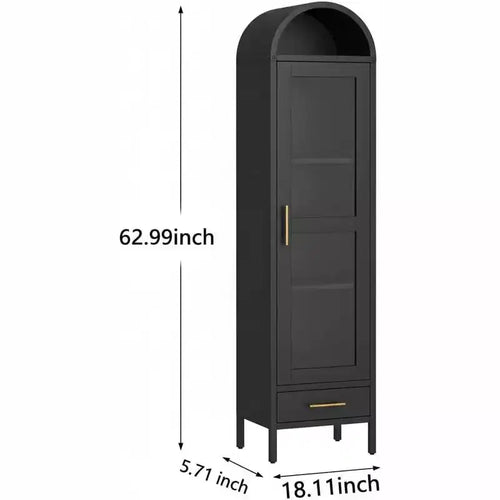 Libreria stretta e ad arco da 160 cm, armadietto ad arco in metallo con anta in vetro e cassetto, mobile dispensa nero moderno per soggiorno, cucina, ufficio