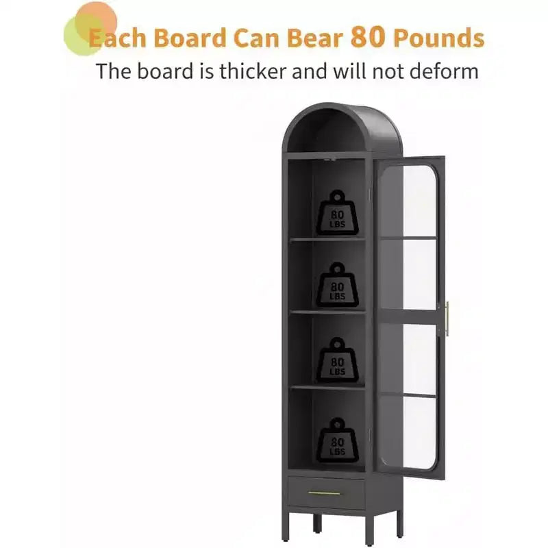 Libreria stretta e ad arco da 160 cm, armadietto ad arco in metallo con anta in vetro e cassetto, mobile dispensa nero moderno per soggiorno, cucina, ufficio