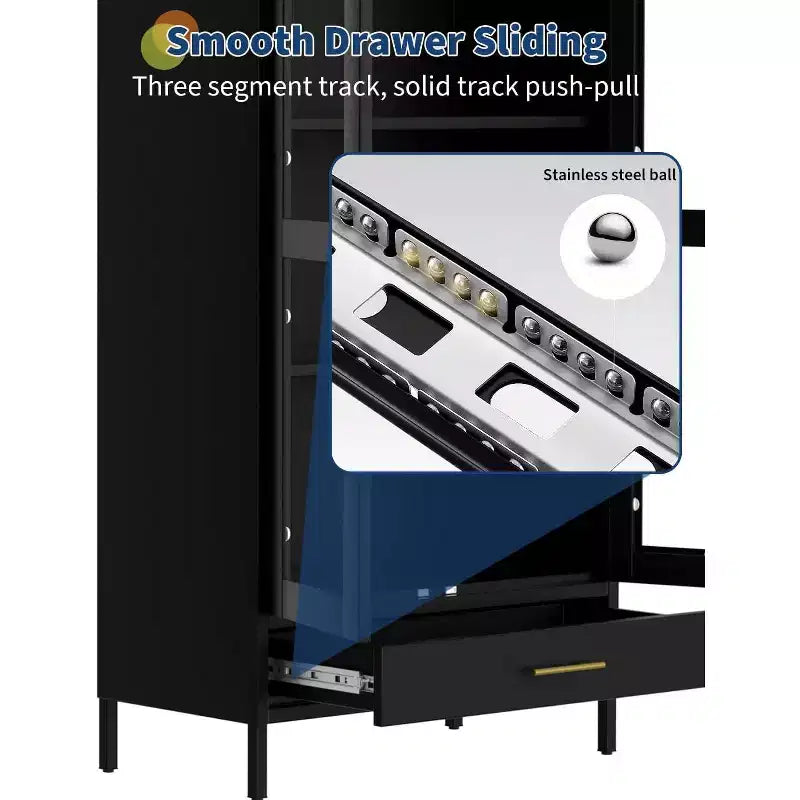 Libreria stretta e ad arco da 160 cm, armadietto ad arco in metallo con anta in vetro e cassetto, mobile dispensa nero moderno per soggiorno, cucina, ufficio