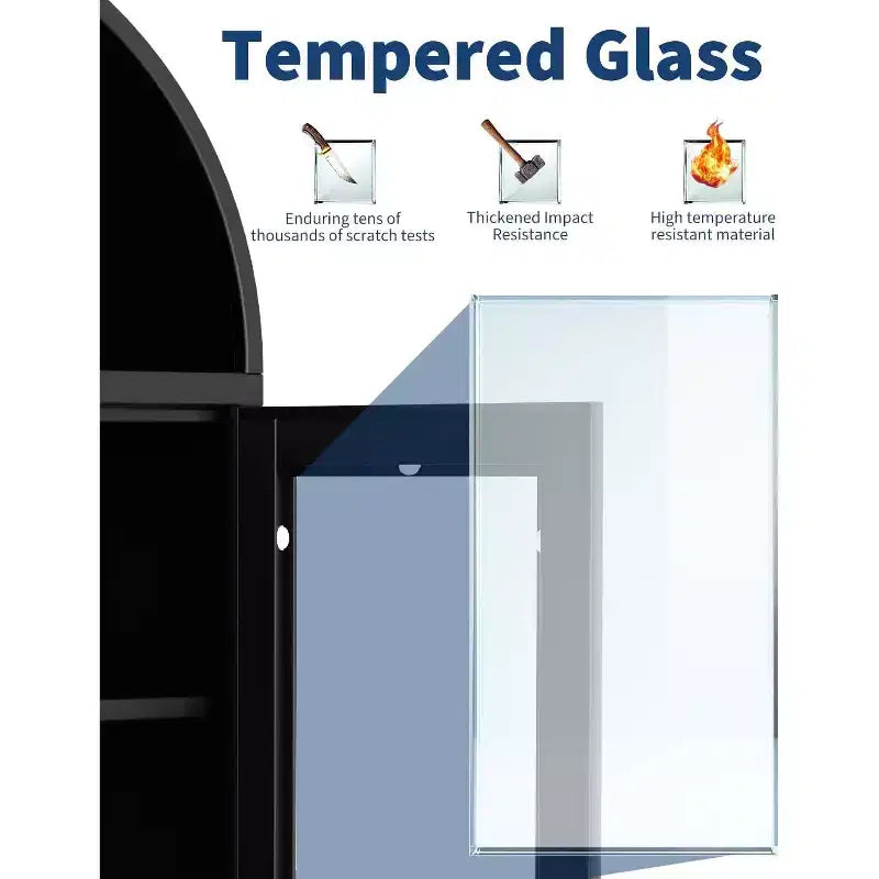 Libreria stretta e ad arco da 160 cm, armadietto ad arco in metallo con anta in vetro e cassetto, mobile dispensa nero moderno per soggiorno, cucina, ufficio