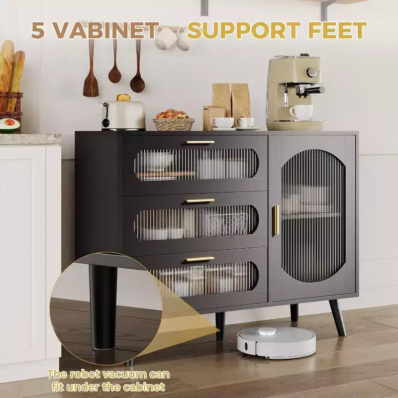 Madia moderna con 3 ampi cassetti e ante in vetro scanalato per sala da pranzo, cucina o soggiorno, elegante mobile contenitore